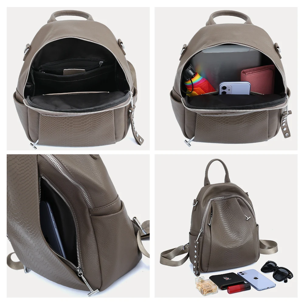 Mochila Zency de cuero genuino para mujer, moda con remaches de cocodrilo, bolso de hombro Simple para mujer, bolso escolar de viaje, mochila para