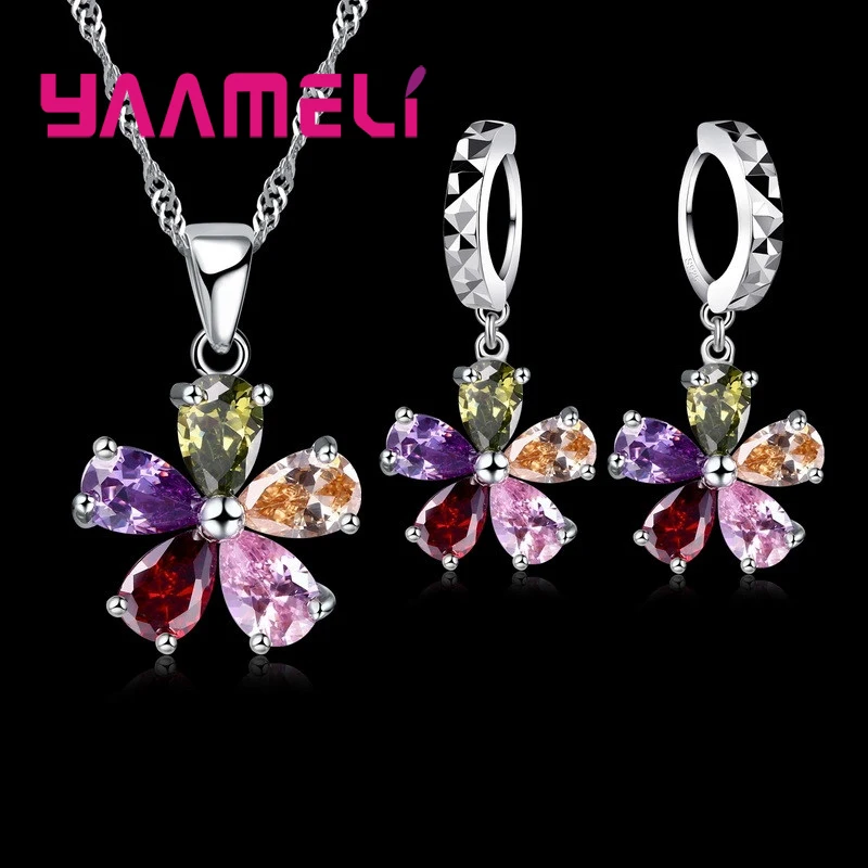 925 Sterling Silver Necklace Earrings Jewelry Sets for Women Female Gift Rainbow Colorful Cubic Zircon Flower Shining Pendants