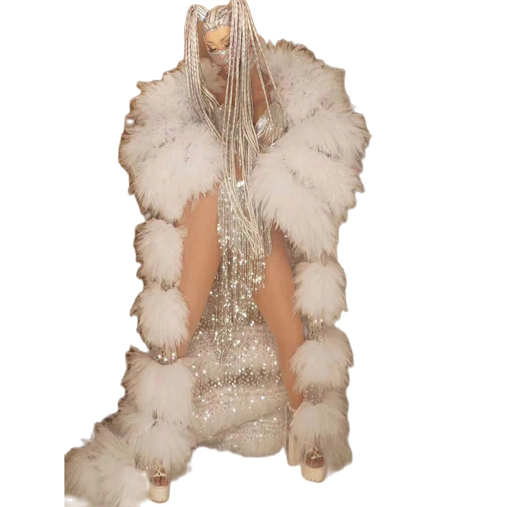 

Sequins White Feathers Long Coat Bikini Set Tassel Atmosphere Festival Party Evening Costume Models Catwalk Stage Outfit