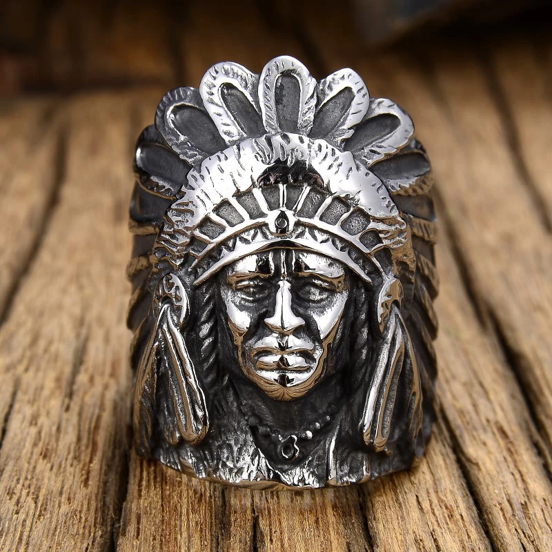 Picture 3: Detailed Indian Chief Ring Men's 316L Stainless Steel Biker Ring Male Huge Punk Hip Hop Rings Best Gift for Friend