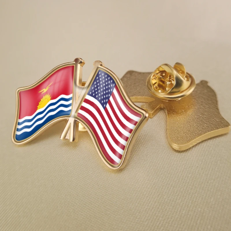 Kiribati and United States Crossed Double Friendship Flags Lapel Pins Brooch Badges