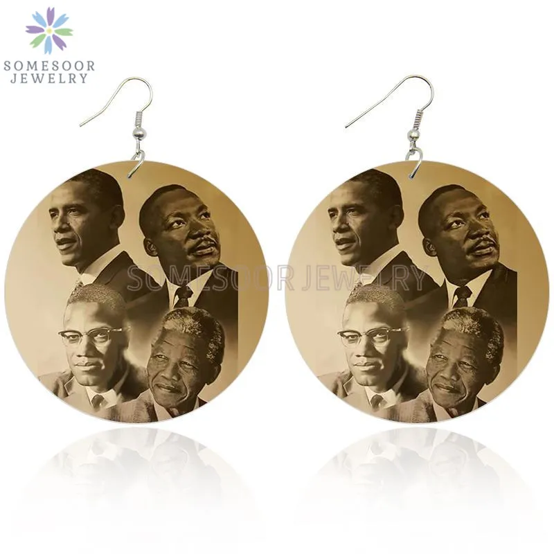 SOMESOOR Black History Heros Art African Wooden Drop Earrings Printed Famous Leaders Martin Luther King Obama Mandela For Women