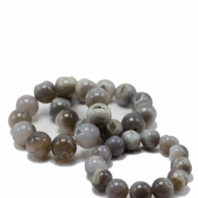 14/16/18/20mm Gray Onyx Agat Druzy Quartz Bracelets Natural Stretch Bangle Round Beads Veins Stone Men Gift