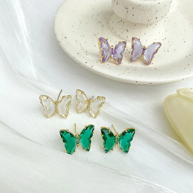 Crystal Butterfly Stud Earrings For Women Green Pink Purple Cute Korean Jewelry Fashion Women Earring Bricons