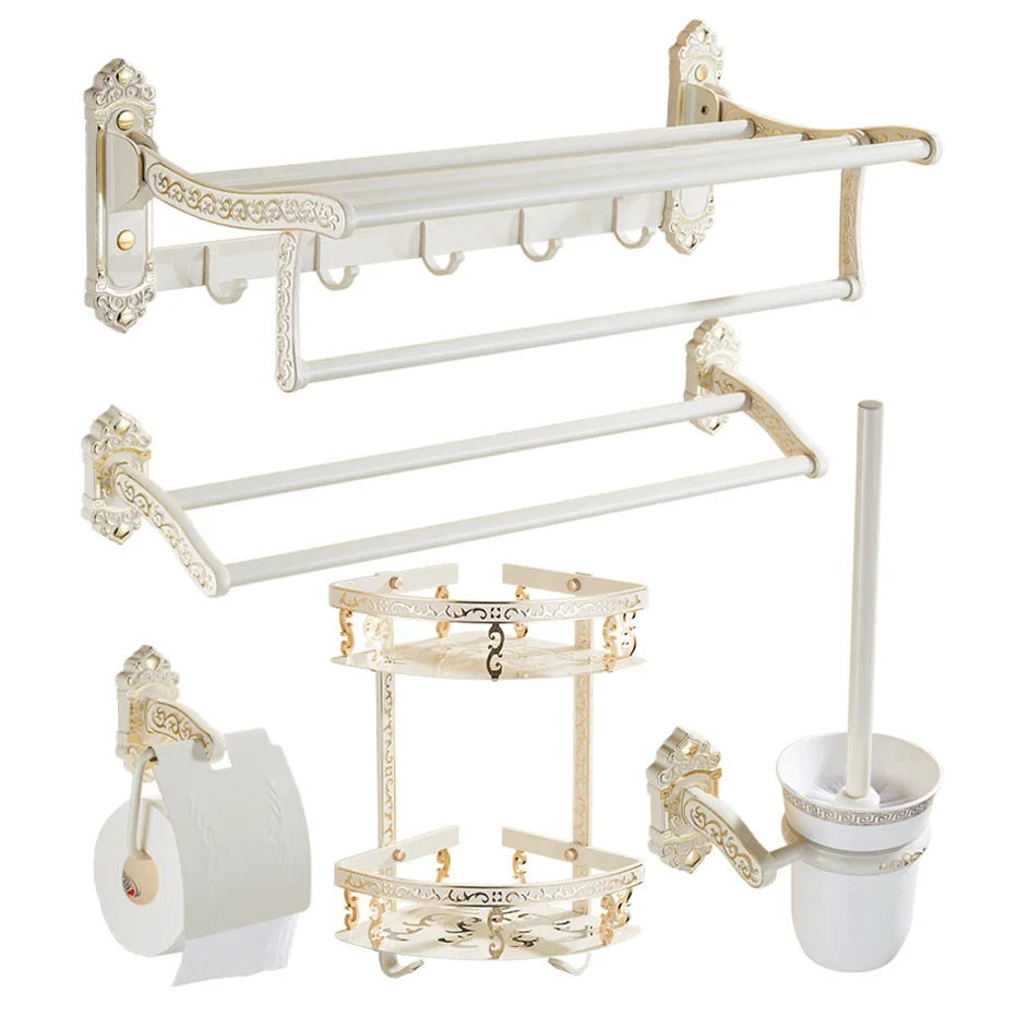 Bathroom Hardware Set Towel Rack Paper Holder Towel Bar Corner Shelf Toilet Brush Soap Basket Gold & White Bathroom Accessories