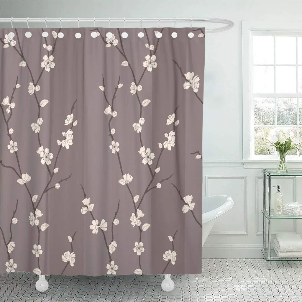 Fabric Shower Curtain Beige Japanese Beautiful with Sakura Branches Brown Flower Blossom Branch Cherry Asian Bathroom Curtains