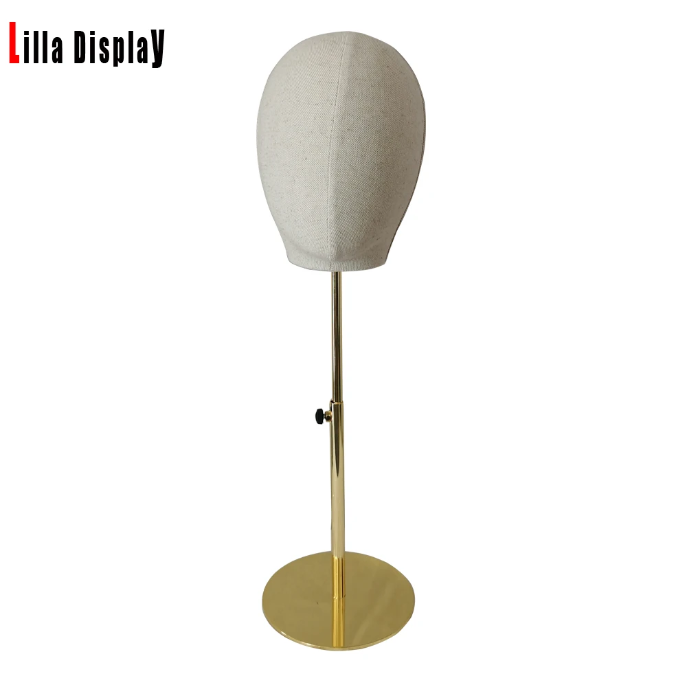 lilladisplay height adjustable gold color round base natural linen hats display mannequin head  L01