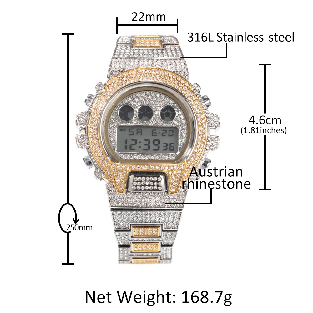 Hip Hop Full Iced Out Men Watches Stainless Steel Fashion Luxury Rhinestones Quartz Square Wristwatches Business Watch