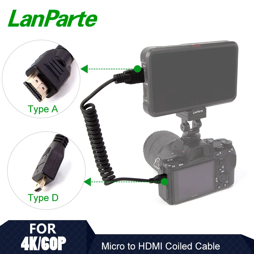 Lanparte cabo de micro para padrão de alta velocidade, compatível com hdmi 2.0 enrolado para 4k 10 bits para sony dslr, acessórios de câmera para atomos