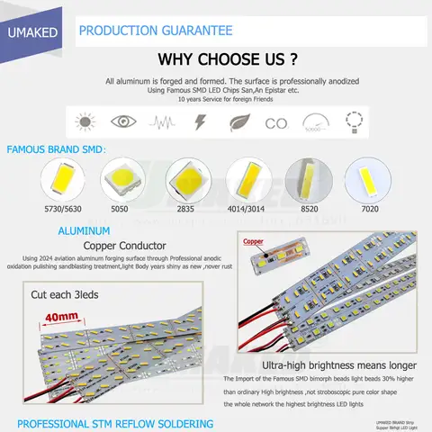 Barra de luz LED superbrillante, tira rígida de luces LED fluorescentes de ahorro de energía, DC12V, 36LED SMD, 8W, 5050, 10 Uds. X 50cm