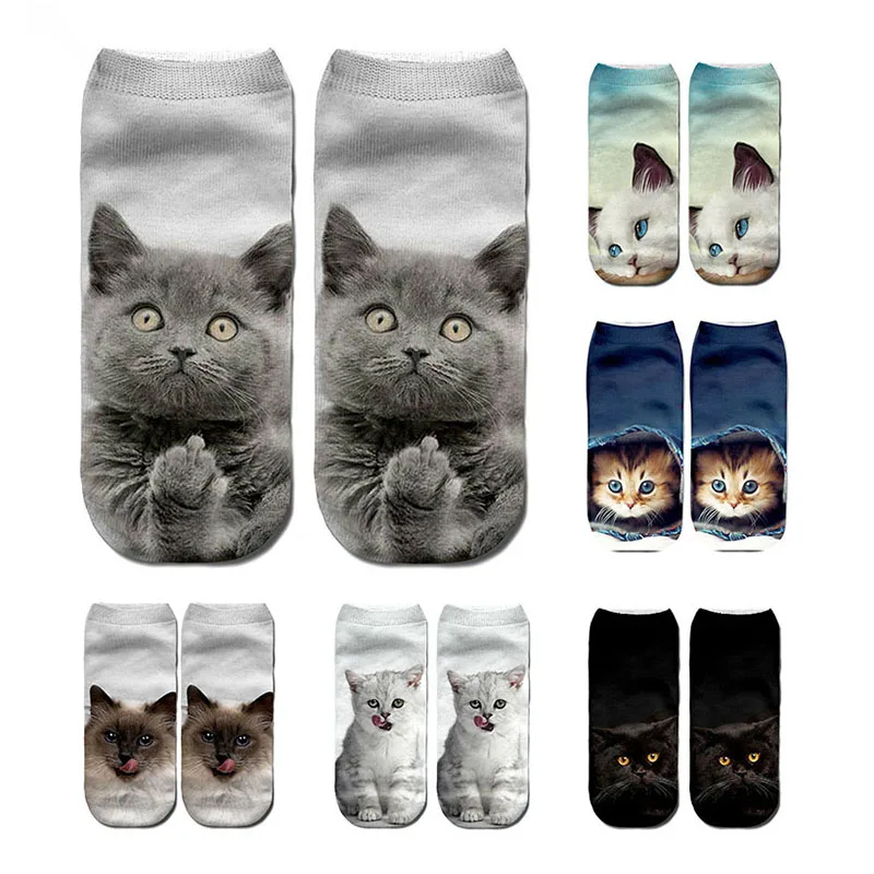 

New 3D Print Funny Cute Cartoon Kitten Unisex Short Socks Creative Colorful Multiple Cat Face Happy Low Ankle Socks For Women