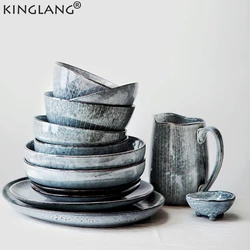 KINGLANG Japanese Retro Tableware Set Household Ceramic Dish Bowl Cup Dish Plate Sets