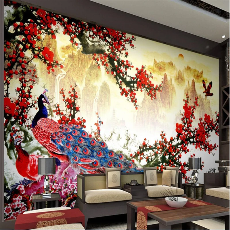 wellyu Large custom wallpaper wall murals landscape Chinese painting plum peacock Chinese TV background wall paper