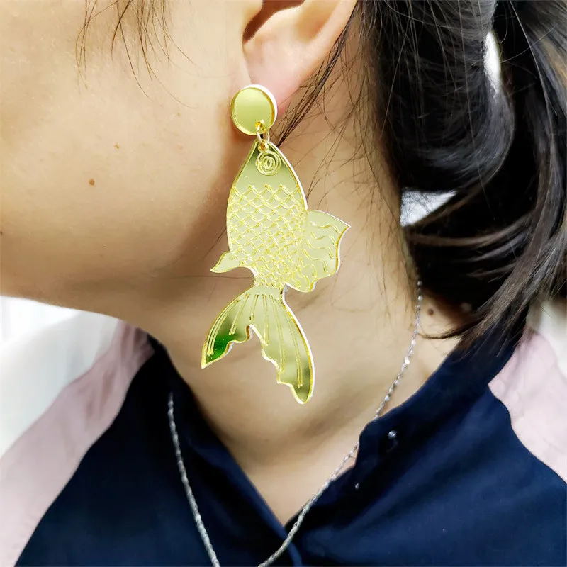 KUGUYS Acrylic Jewelry for Women Long Drop Dangle Earrings Fashion Mirror Pink Gold Color Good Luck Koi Fish Girl\'s Gift