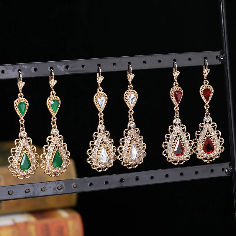 Algerian Bridal Jewelry Earrings French Hook Design Water Drop Rhinestone Shape Metal Decorative Earrings