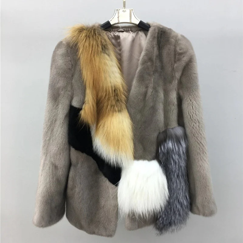 

New Real With Silver Red Fox Short Customize Warm Whole skin Natural Mink Fur Coats & Jackets