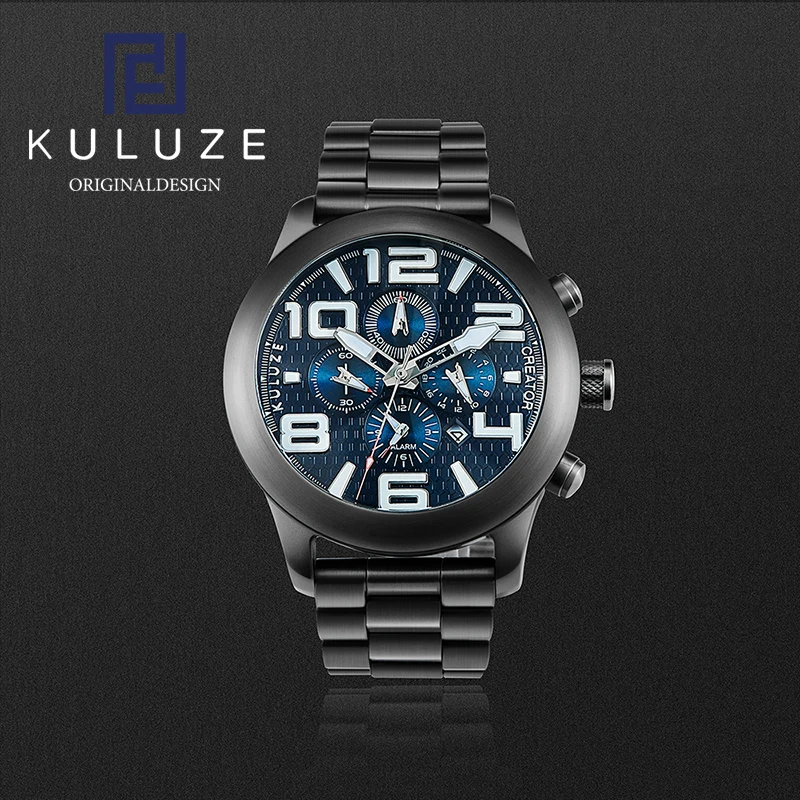 KULUZE Vanguard Mens Titanium Quartz Watch Tonneau Blue Face with Luminous Hands Date and  with Arabic Numerals Outdoor Watch