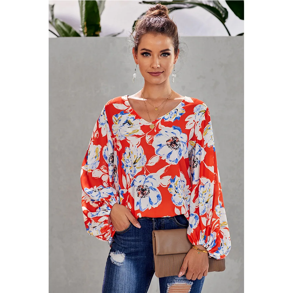 Spring and Summer Shirt Women's Loose Shirt Printed Loose V-neck Lantern Sleeve Top