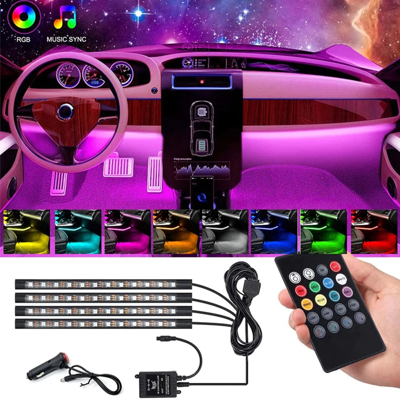 Car Interior Atmosphere Foot Lights RGB LED Strips Decorative Ambient Lamps With USB Wireless Remote Music Control Flashing