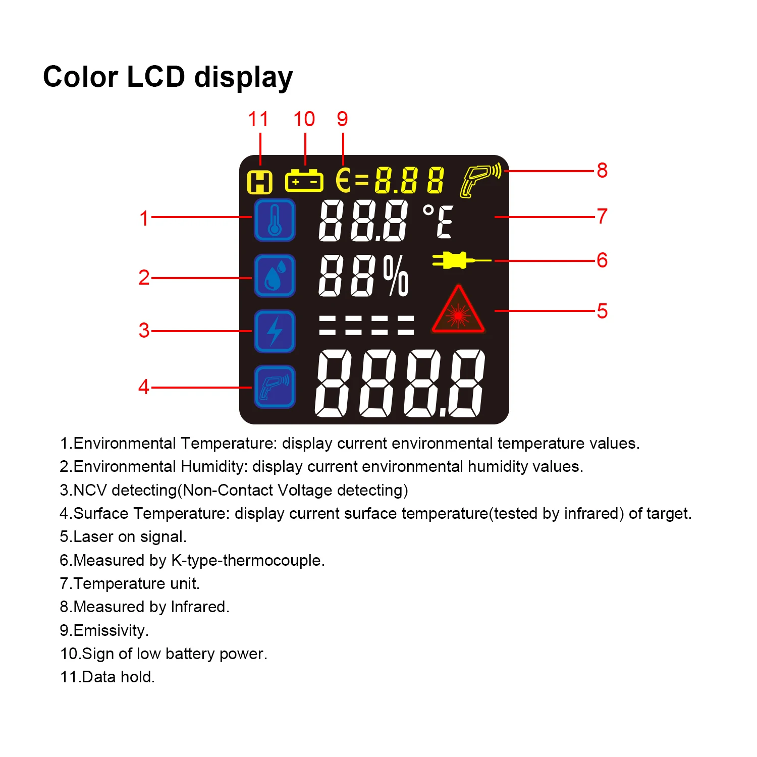 Digital Pyrometer K Thermocouple Infrared Thermometer Color Screen Temperature Gun Temperature/Humidity NCV Measurement