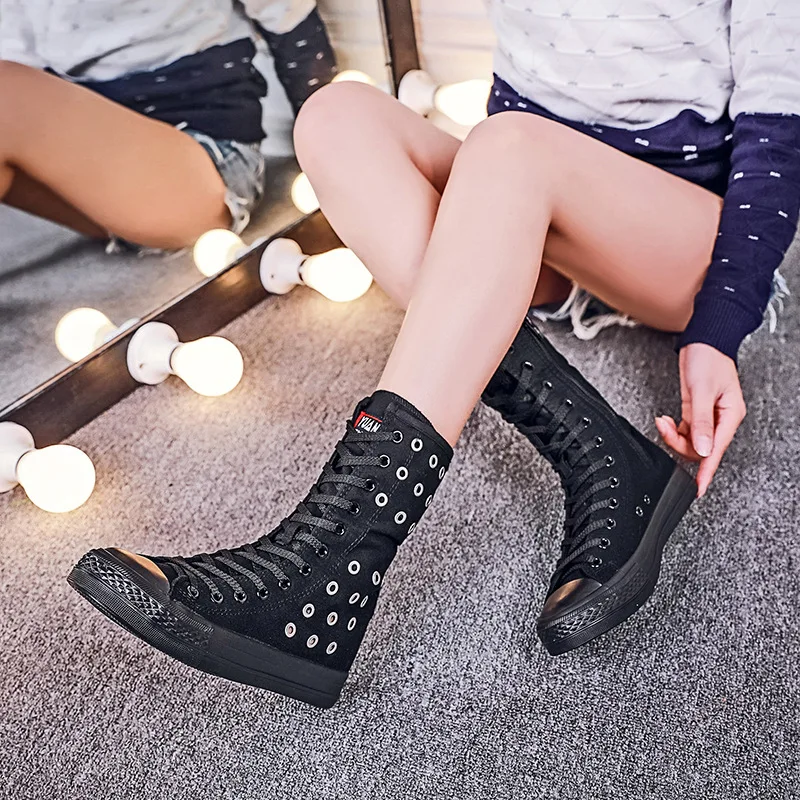 2024 Short Tube Boots Women Fashion Front Lace-up Side Zipper Canvas Shoes Casual Breathable Hole Flat Shoes Dance Shoes Women