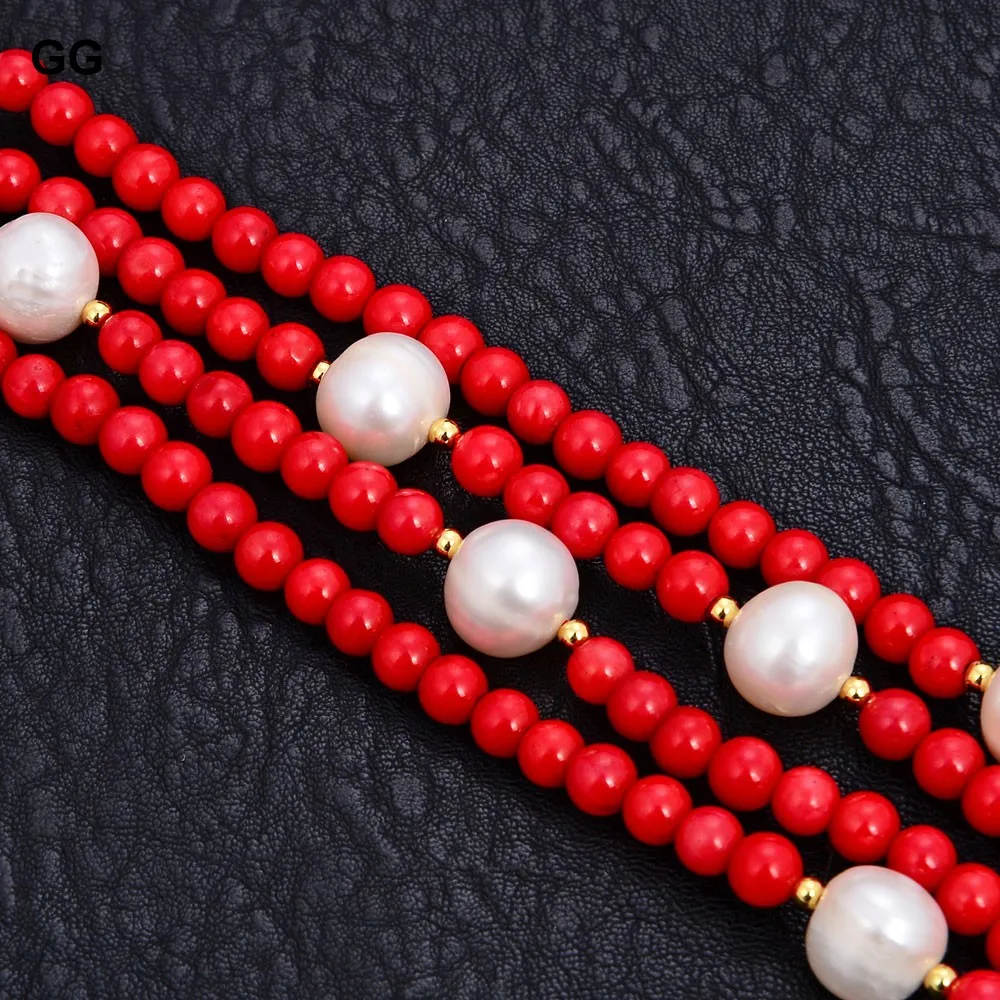 GuaiGuai Jewelry 8\'\' 4 Rows 10mm White Round Pearl 6mm Round Red Coral Bracelet For Women Fashion Jewelry