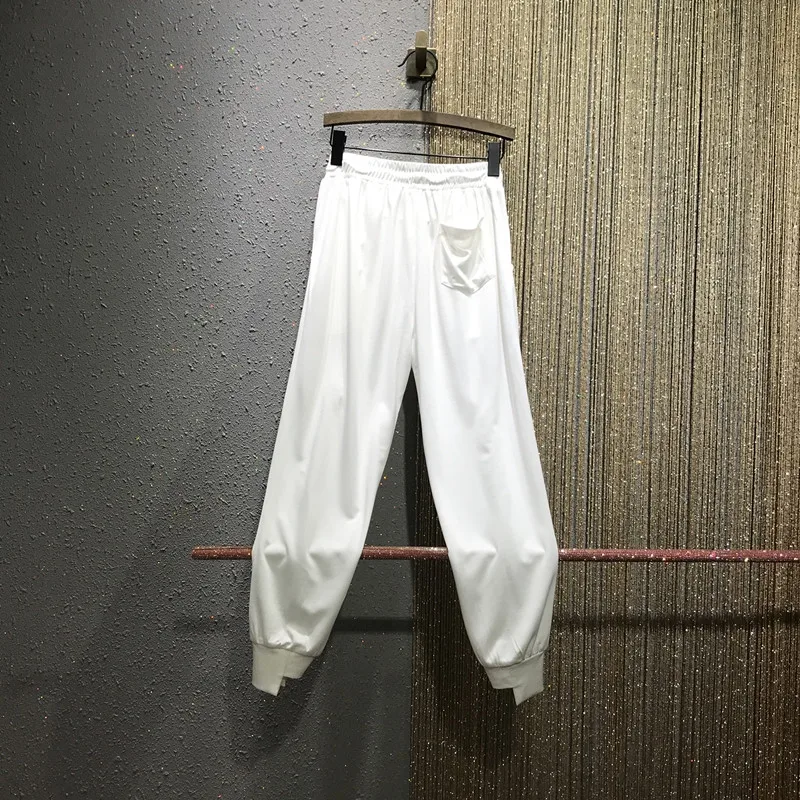 2020 New Summer Autumn Women's Zipper Mesh With Rhinestones Elastic Waist Pants Girls Street Wear Ladies Harem Pants A3536