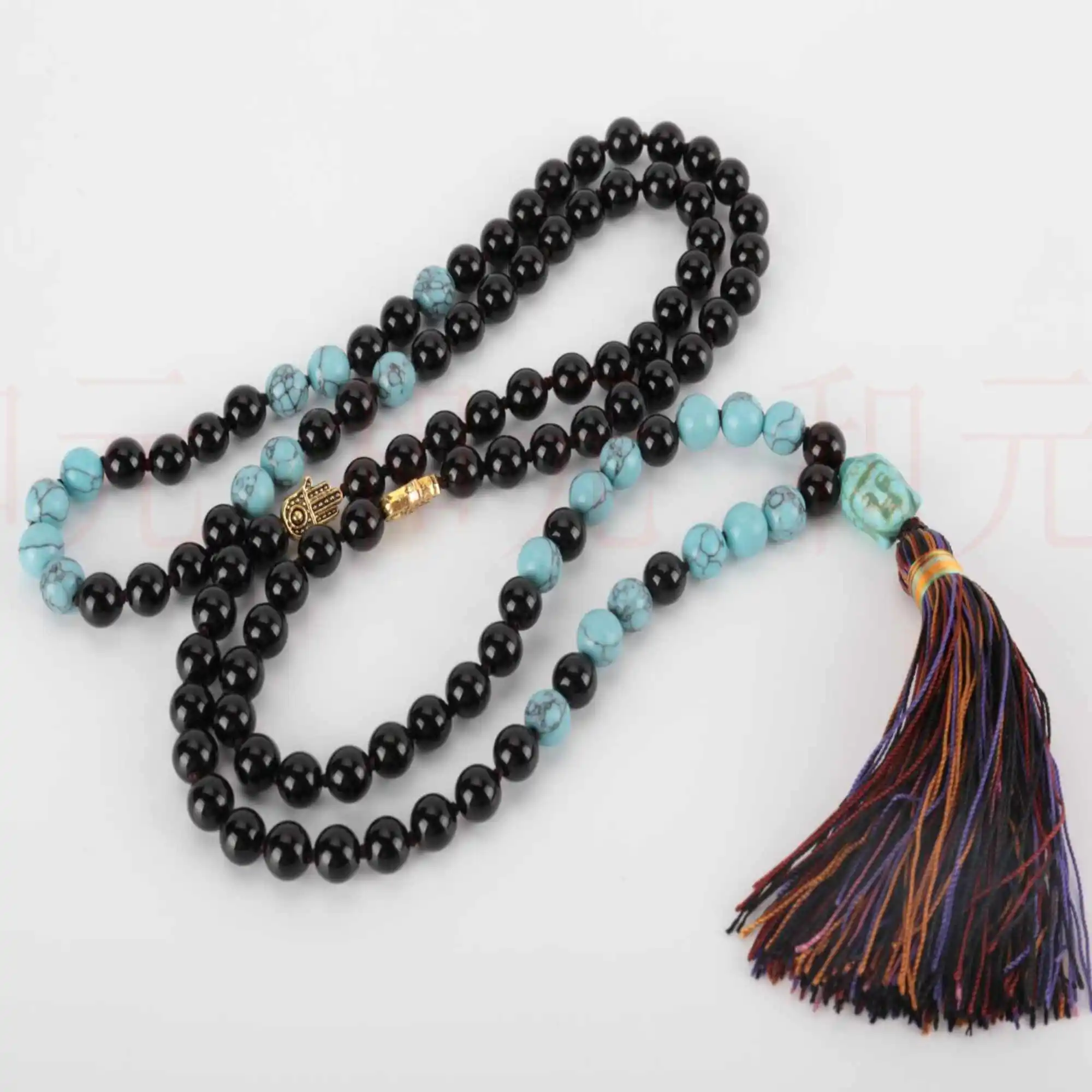 6mm 108 Natural black agate Blue Turquoise knot Necklace Practice Easter Cuff Seven Chakras Bless Buddhism Christmas Gift