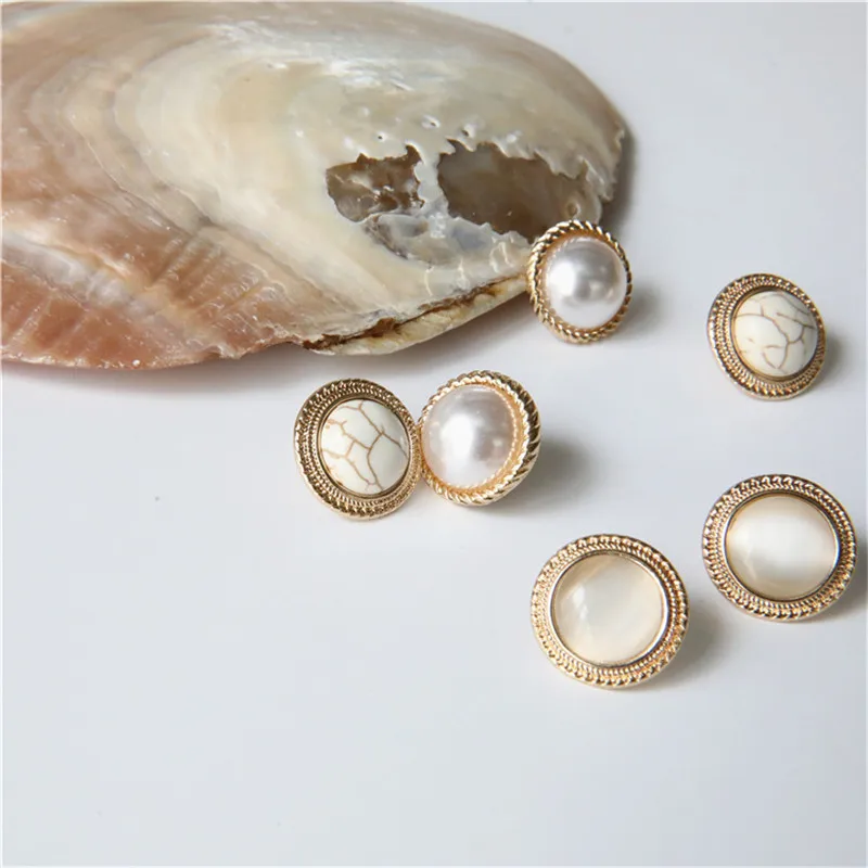 New Vintage Round Marble Opal Stone Big Stud Earrings Women Fashion Temperament Ear Stud Circle Pearls Stone Jewelry