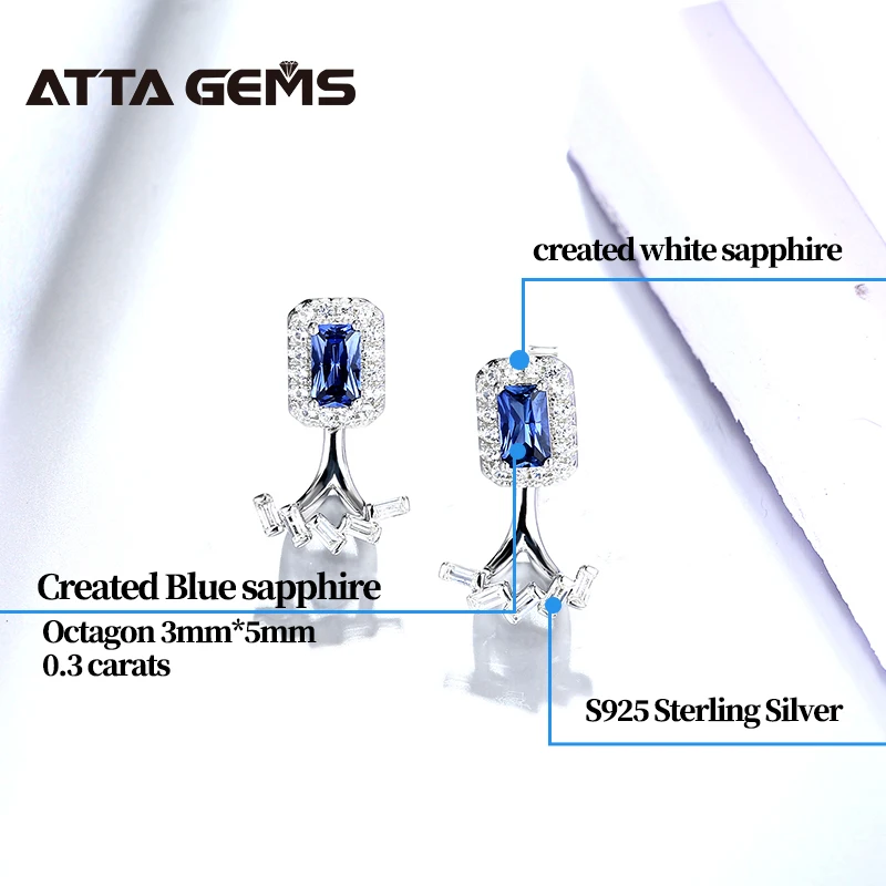Blue Sapphire Sterling Silver Stud Earring Two Wearring Flexiable Design Octagon Created Sapphire Earring Gift for Personal