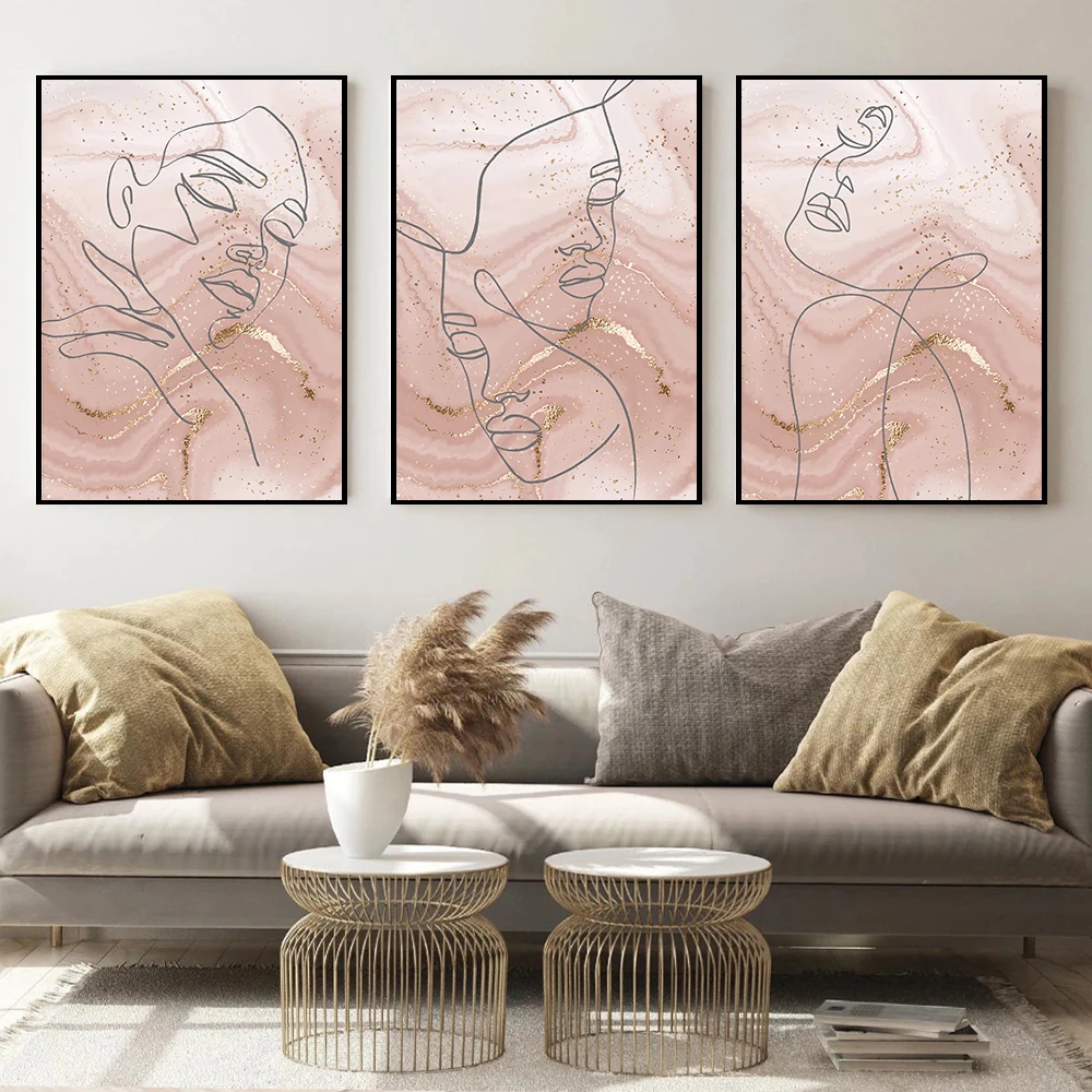 Abstract Gold Grain Line Body Poster Nordic Wall Art Pink Picture Print Aesthetic Morden Canvas Painting Living Room Home Decor