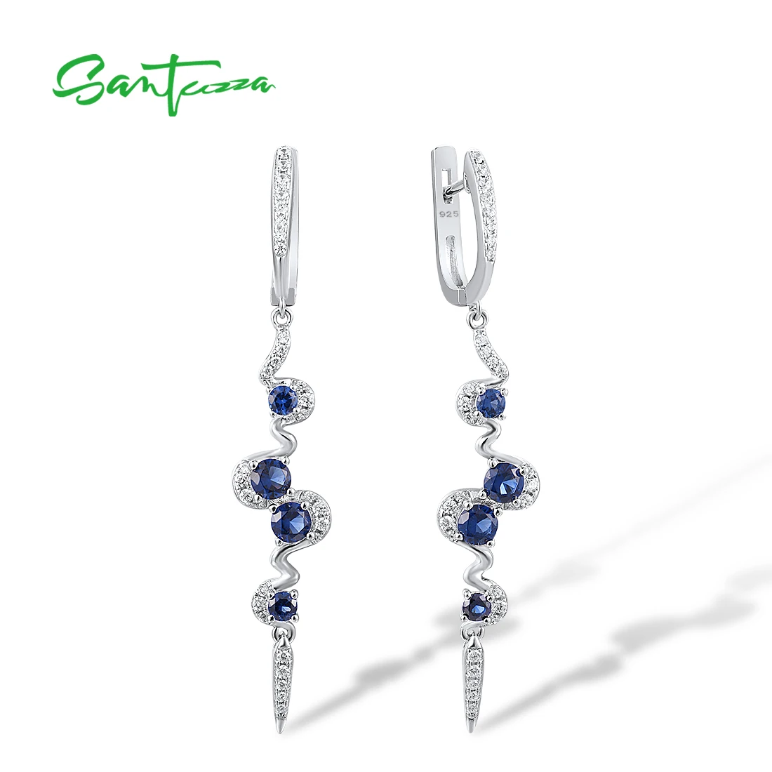 SANTUZZA Silver Earrings For Women 925 Sterling Silver Blue White Cubic Zirconia Long Dangling Earrings Delicate Fine Jewelry