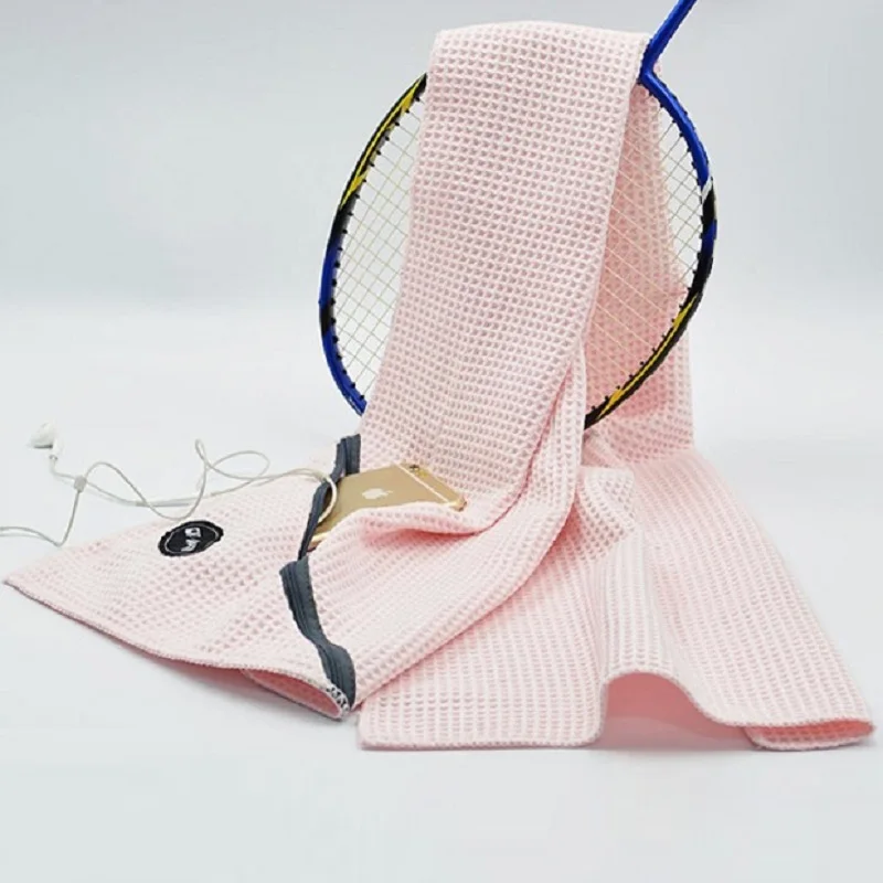 Waffle Checks Microfiber Sports Towel with Zipper Pocket 30*110cm Quick Dry Swimming Camping Travel Gym Yoga Golf Towels Fitness