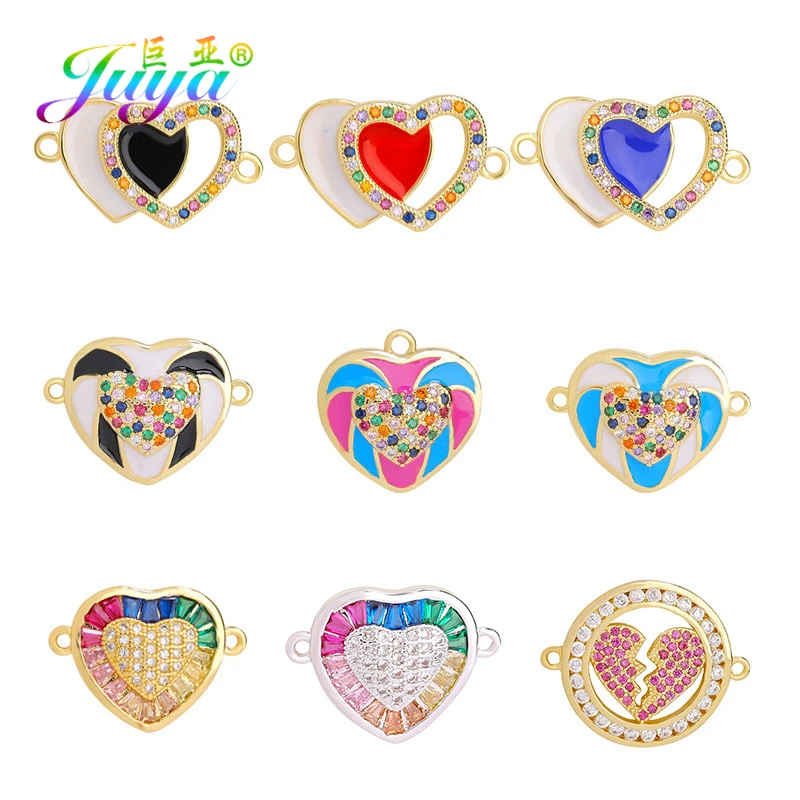 Juya DIY Needlework Enamle Love Heart Pendant Charms Connector Accessories For Handmade Bracelet Earrings Making Components