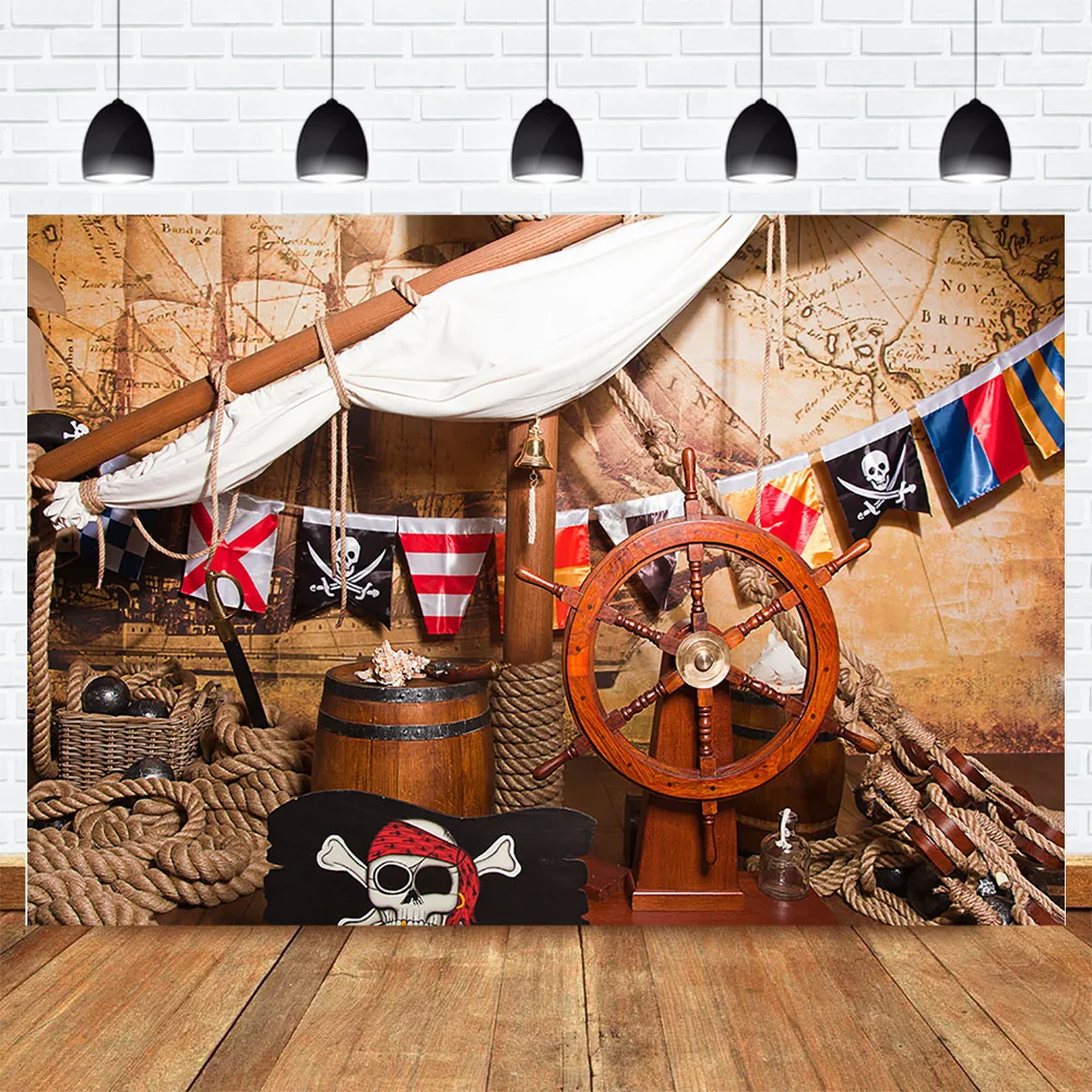 Pirate Themed Photography Backdrop Children Birthday Background  Ship Deck Navigation Newborn Baby Adventure Backdrop for Photo