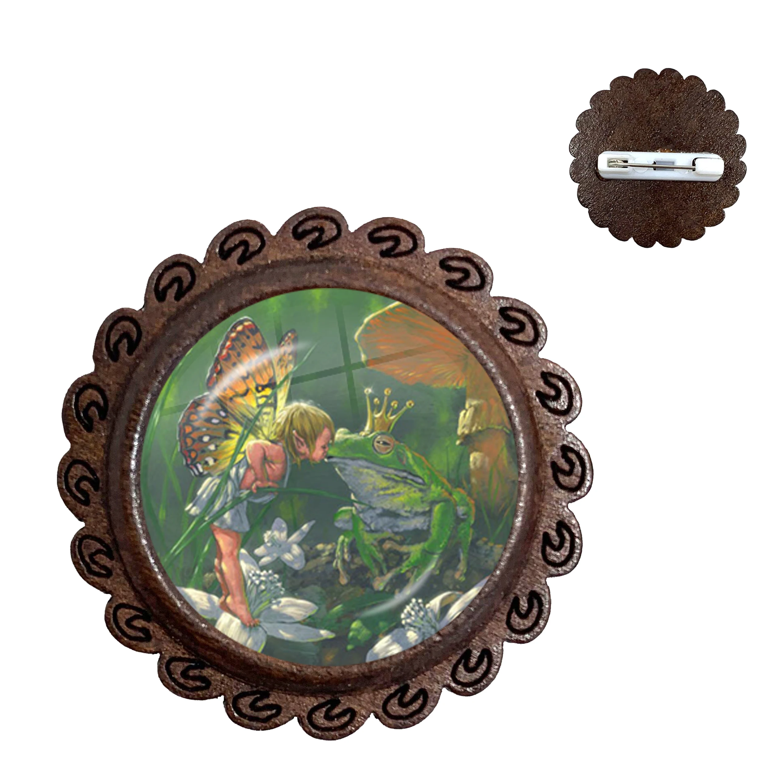 Rzemieślnicze Colares Vintage Fairy Frog 1 sztuk/partia biżuteria drewno broszki klasyczne szkło Cabochon Collar przypinka Feminino — zdjęcie 6