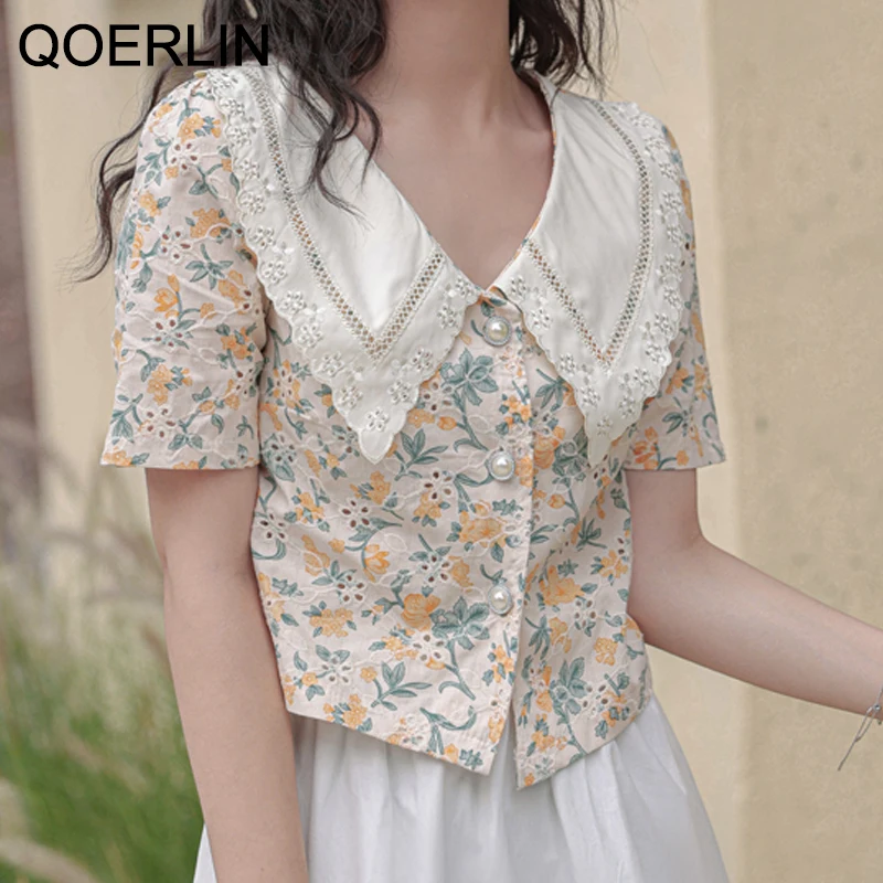 QOERLIN Printed Blouse Female 2022 Summer Women\'s Blouse Korean Polka Dot Short Sleeve Hollow Out Shirt Cropped Tops