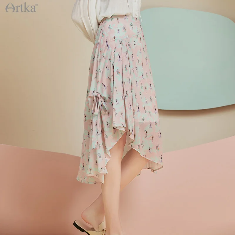 

ARTKA 2022 Spring New Women Skirt Elegant Print High Waist Midi Skirts A-Line Irregular Lace Up Chiffon Skirt Female QA20026C