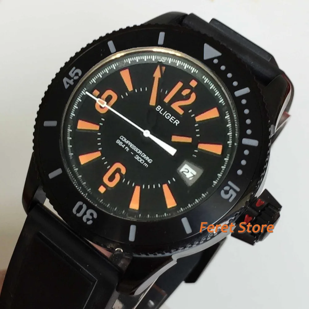 BLIGER New 43mm men watch black orange dial black steel case black rubber strap automatic Wristwatch