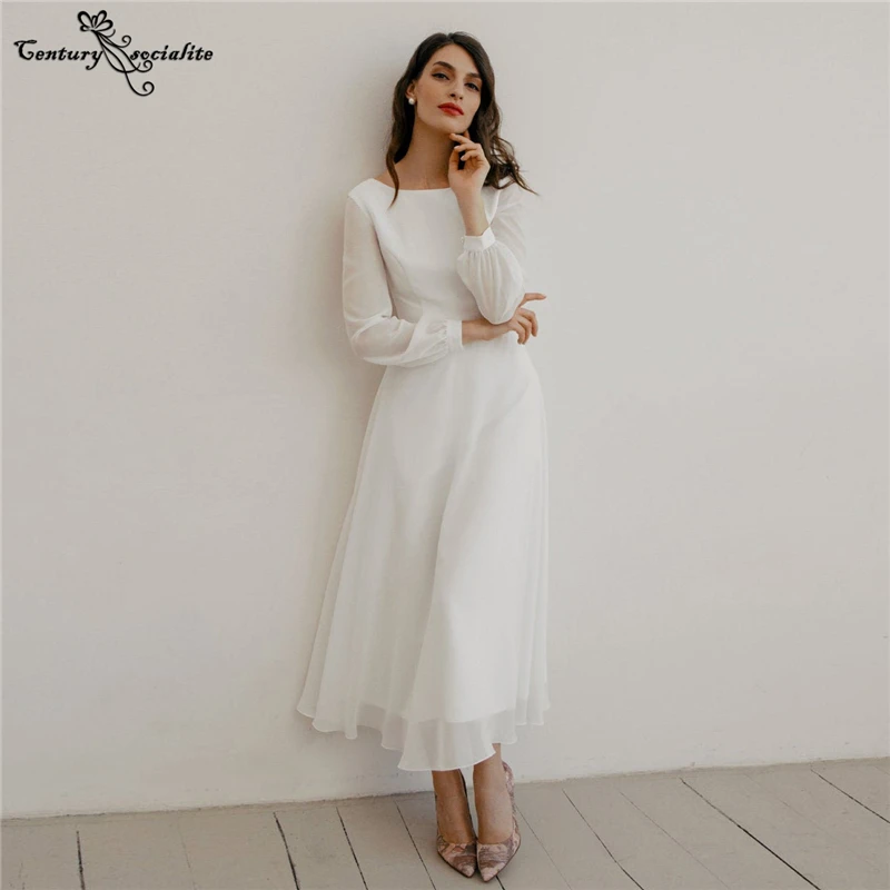 

Simple Wedding Dress Short Tea-Length Long Sleeve Chiffon Beach Bride Dress for Women Bridal Gowns Civil Vestido de Noiva