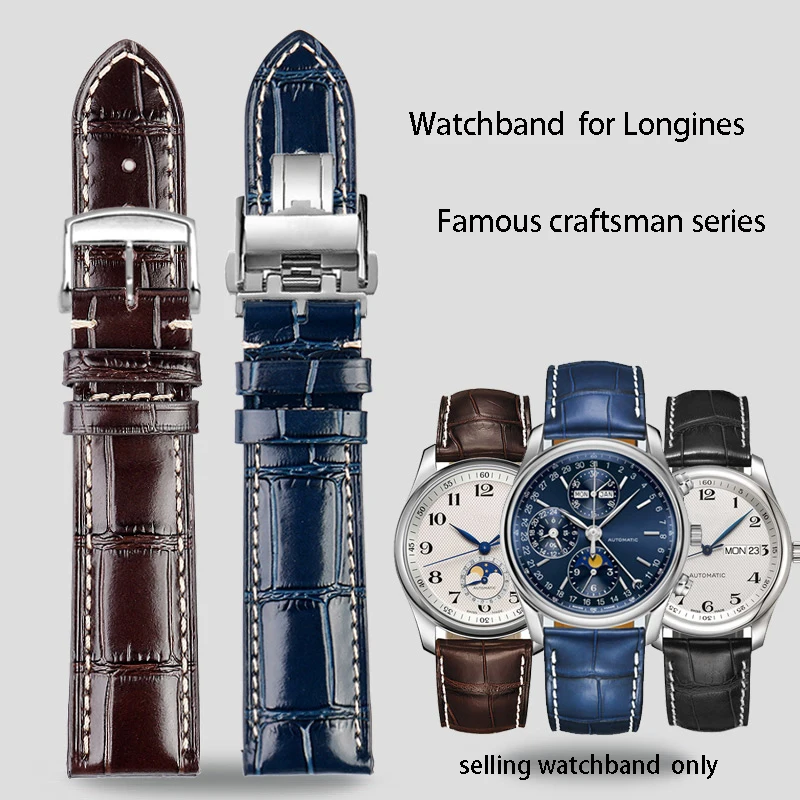 Alligator Cowhide wristband for Longines famous craftsman L2 collection moon phase kangkas belt 19mm 20mm 21mm men\'s wristband