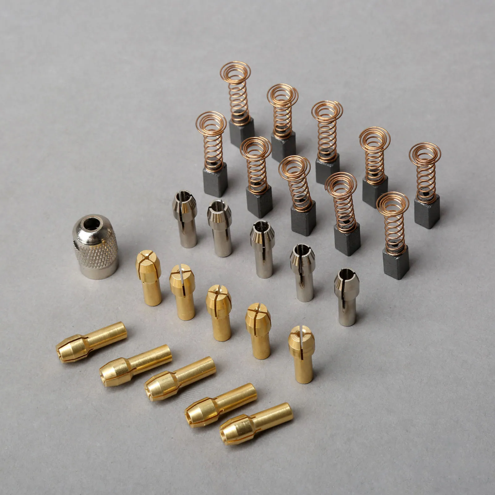 

10Pcs 0.5mm-3.2mm Brass Dremel Collet Mini Drill Chucks + 5Pcs 3.2mm Silver Collets+10Pcs 9mm Carbon Motor Brushes+1Pc Screw Cap