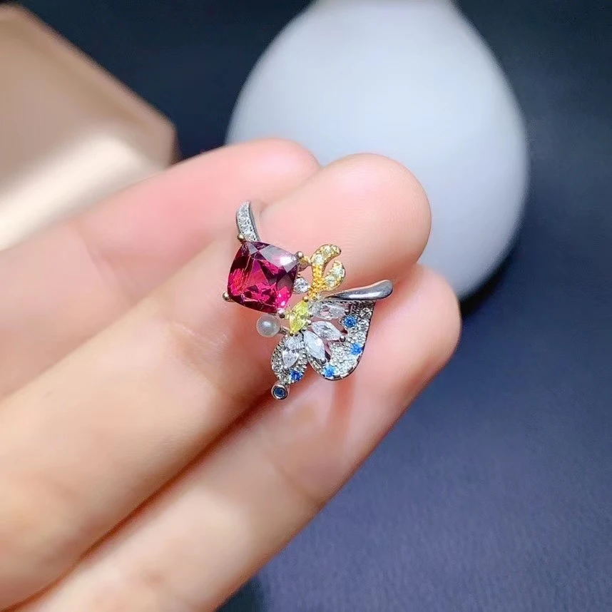 KJJEAXCMY fine jewelry 925 sterling silver inlaid Natural garnet Women's fresh Butterfly Pearl Square adjustable gem ring suppor