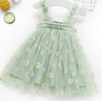 Toddler Kids Girls Princess Dress Daisy/Fruit Embroidery Sleeveless Sling Dress Summer Casual Mesh Tulle Fluffy Dresses