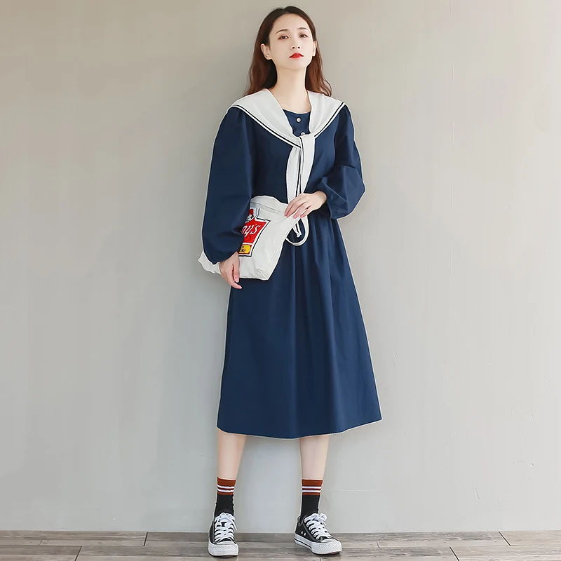 Japanese Kawaii Navy Dress Women Clothes Removed Sailor Collar Vintage Long Sleeve Large Size Sweet Loose Casual 2 Piece Dresses