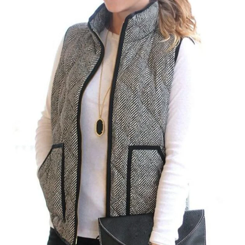 

Womens Autumn Winter Sleeveless Cotton Casual Ladies Jackets Black denim Herringbone Vest Quilted Cotton Puffer Vest