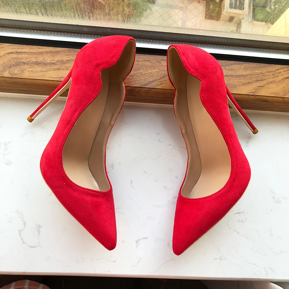 Tikicup Solid Red Flock Women Curl Cut Pointy Toe High Heel Wedding Bridal Shoes Elegant Ladies Designer Slip On Stiletto Pumps