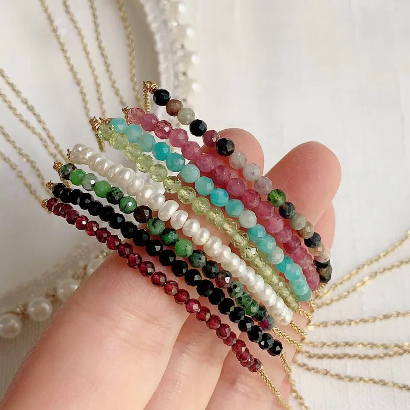 Healing Natural Crystal Stone Necklace for Women Simple Chain Smile Pendant Choker Pearl Charm Pink Tourmalines Crystal Necklace
