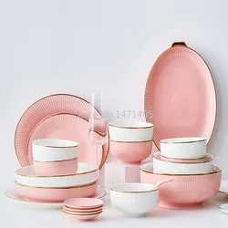 Nordic Light Luxury Color Glazed Phnom Penh Ceramic Tableware Simple Embossed Soup Bowl Plate Dish Microwave Home Applicable