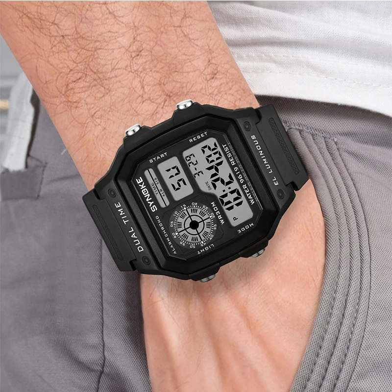 SYNOKE-relojes digitales para Hombre, pulsera militar, deportiva, cuadrada, LED, color negro